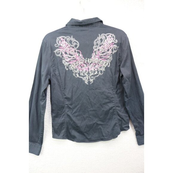 Harley Davidson Long Sleeve Button-Up Shirt-Medium-Rhinestones-Angel Wings - Picture 10 of 13